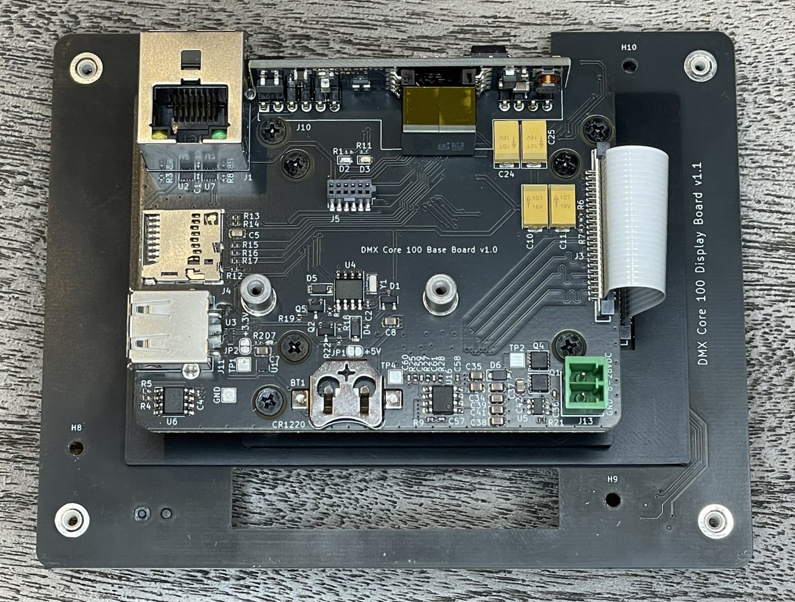 Back of the main unit. The DMX-512 board attaches to the connector labeled J5 and the two screw spacers.