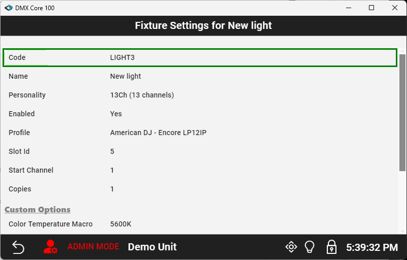 Light Fixture Settings