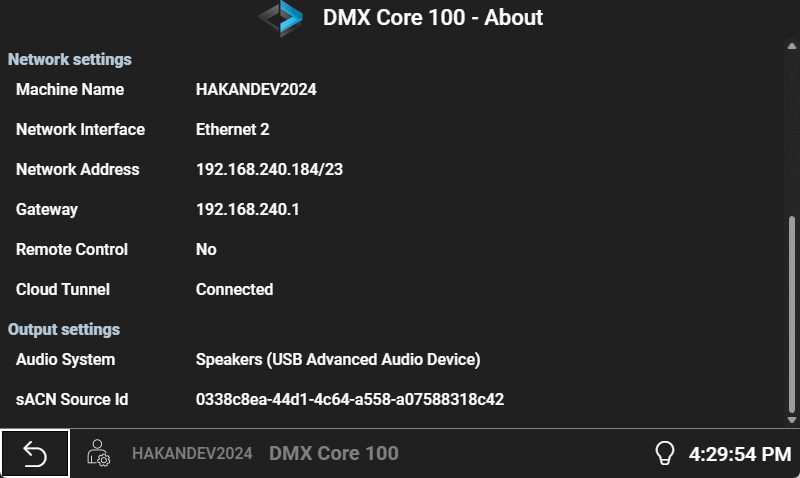 About screen — network address and Cloud Tunnel status