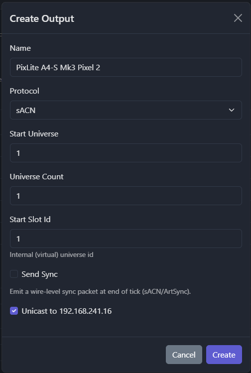 Create Output dialog for an Advatek pixel port