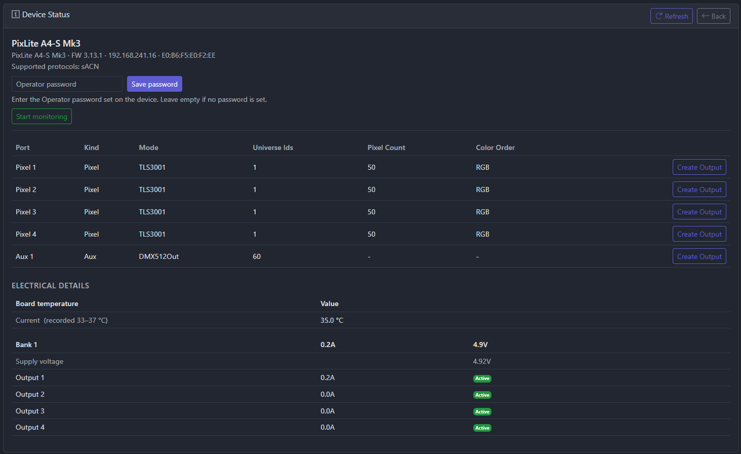 Device Status page for a discovered Advatek PixLite controller