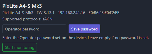 Operator password entry on the Advatek device detail panel