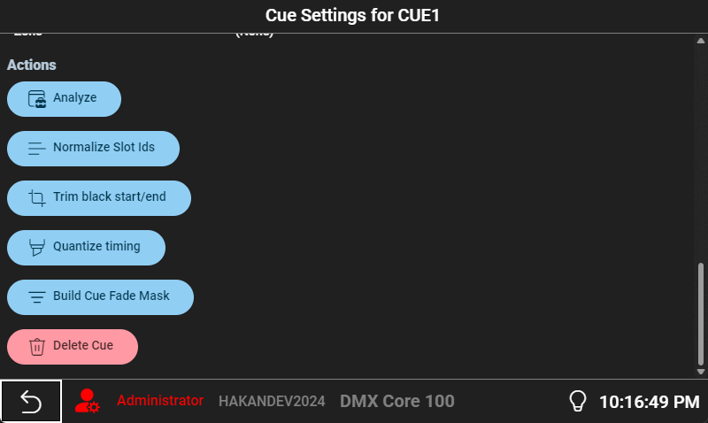 Cue settings — actions
