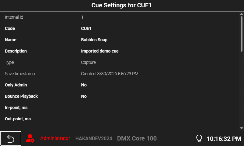 Cue settings — fields