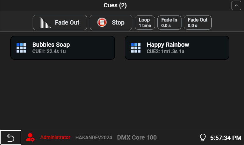 Cues list with playback controls expanded