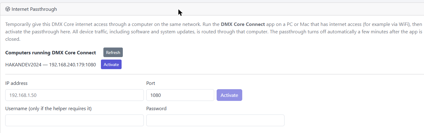Internet Passthrough section on the Utilities page, showing a discovered computer running DMX Core Connect