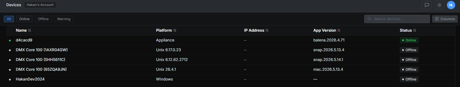 DMX Core portal showing the device fleet