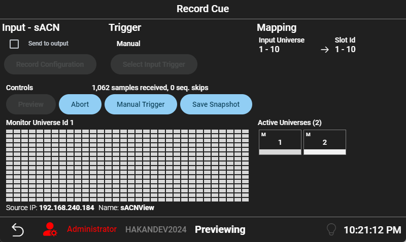 Record Cue — previewing with DMX channel monitor