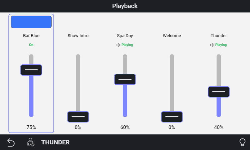 Preset, cue and sound faders on the touchscreen