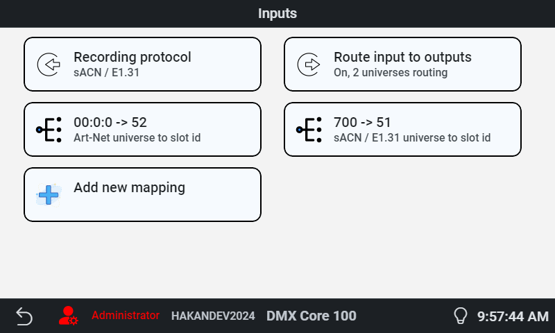 Inputs on the touchscreen, with a protocol on each mapping row