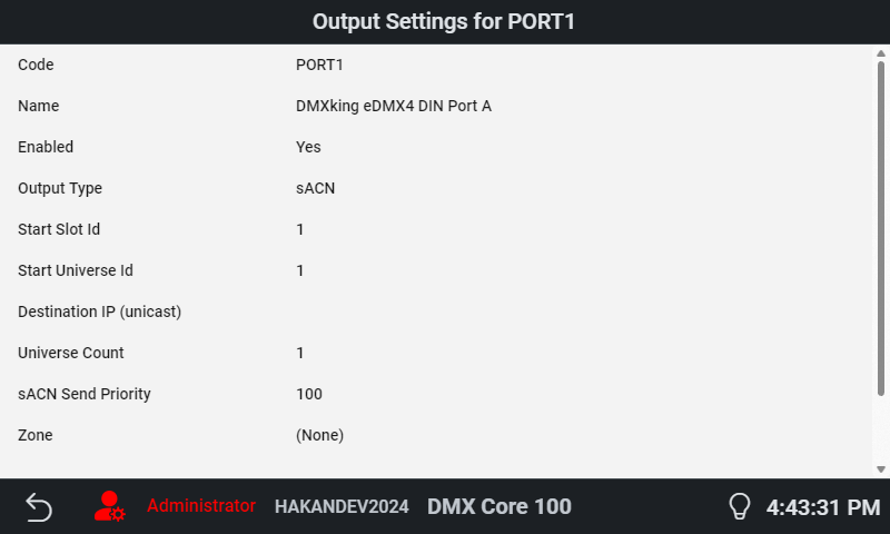 Output settings on the touchscreen
