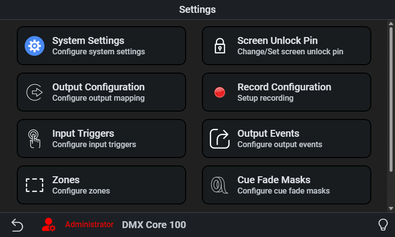 Settings on the touchscreen