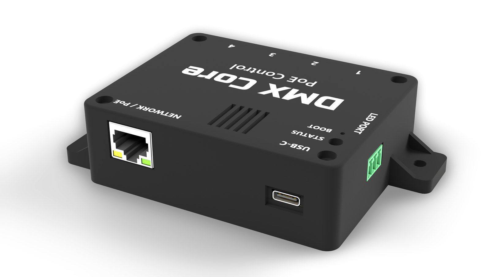 The back edge: the RJ45 network jack, which takes PoE, and the USB-C port