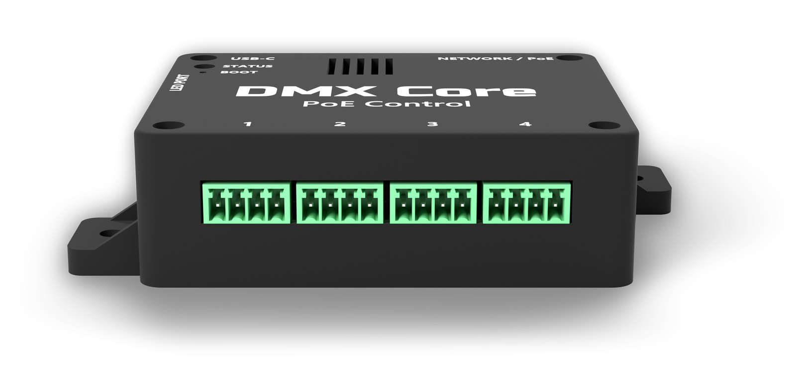 The four control ports along the front edge, numbered 1 to 4 on the lid; the LED port is on the left side