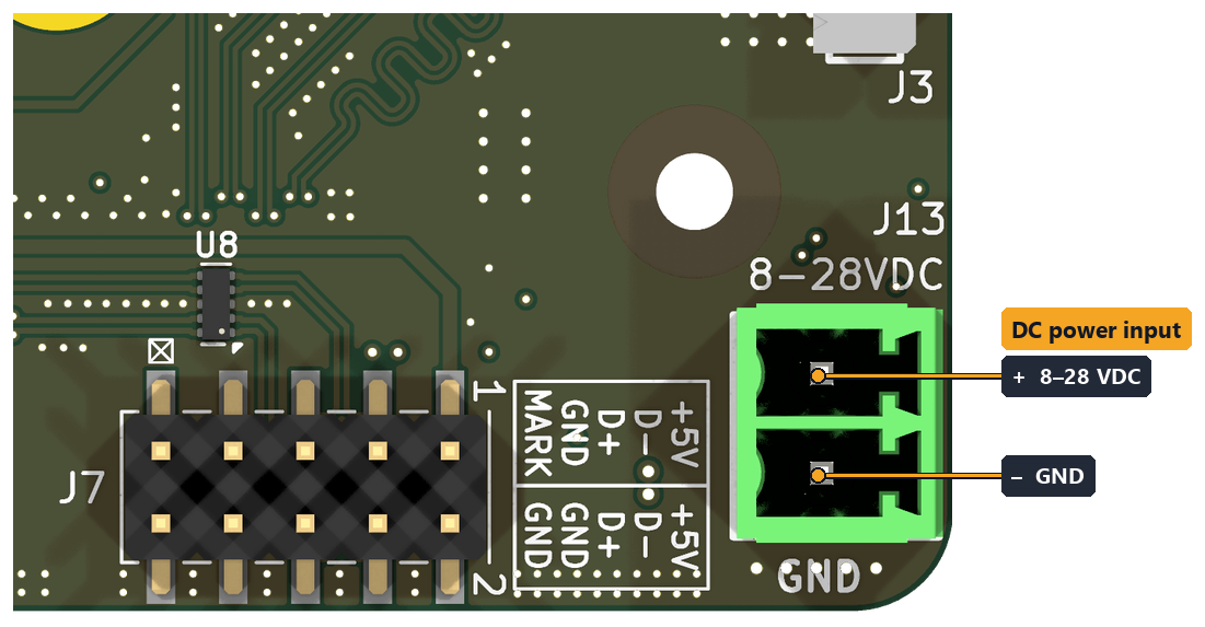 DC power input on the main board: + 8–28 VDC on the pin next to the 8-28VDC marking, GND on the pin next to the GND marking