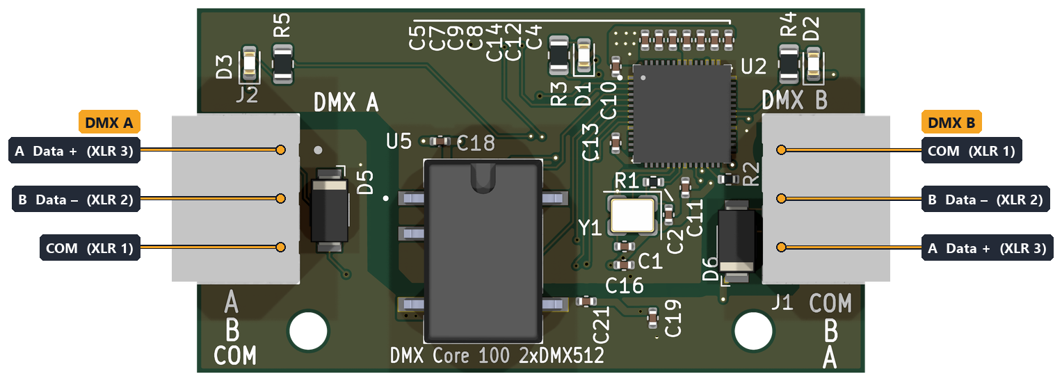 2-port DMX-512 board with the pins of DMX A and DMX B labeled