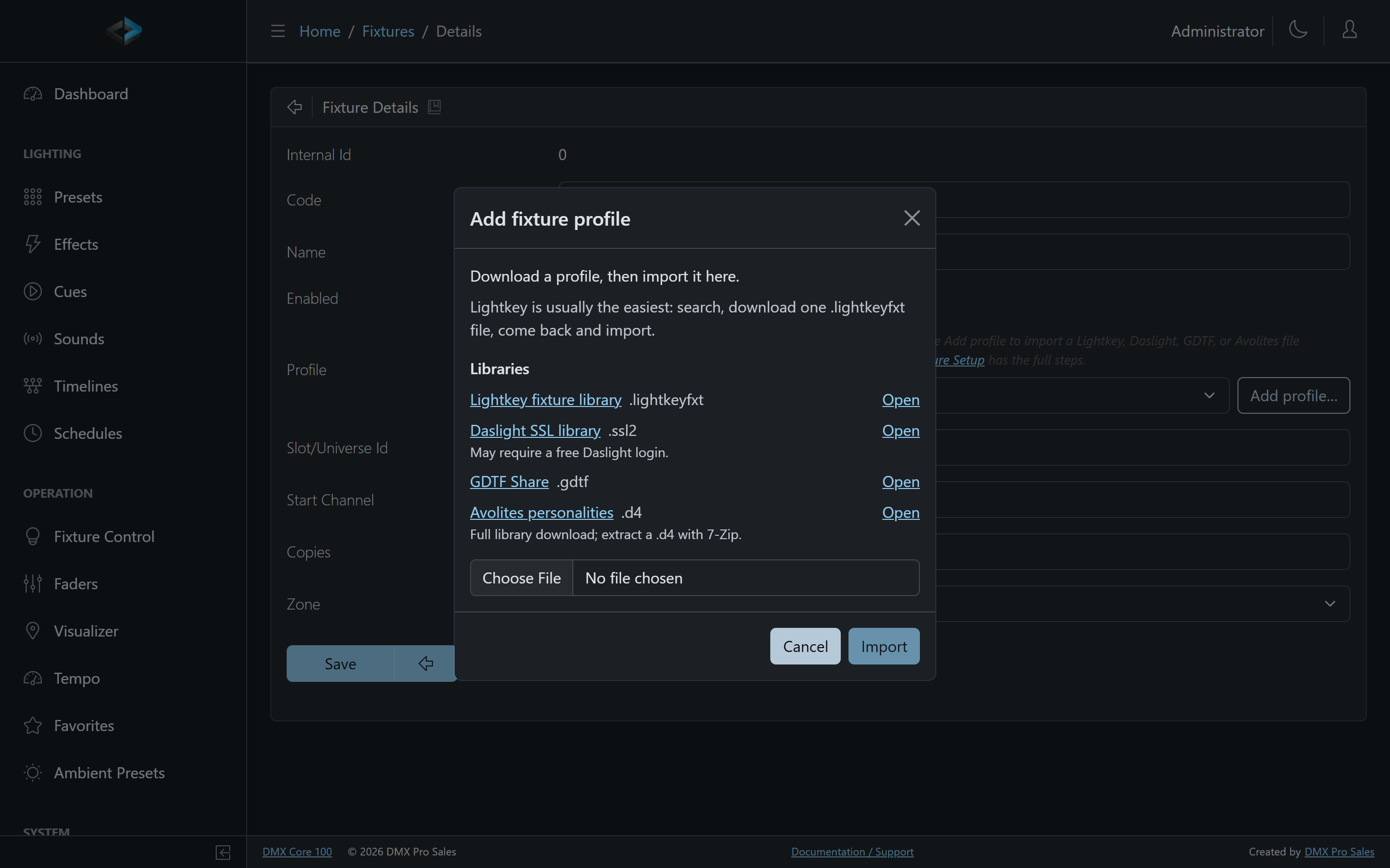 Add fixture profile — download a library file and import it