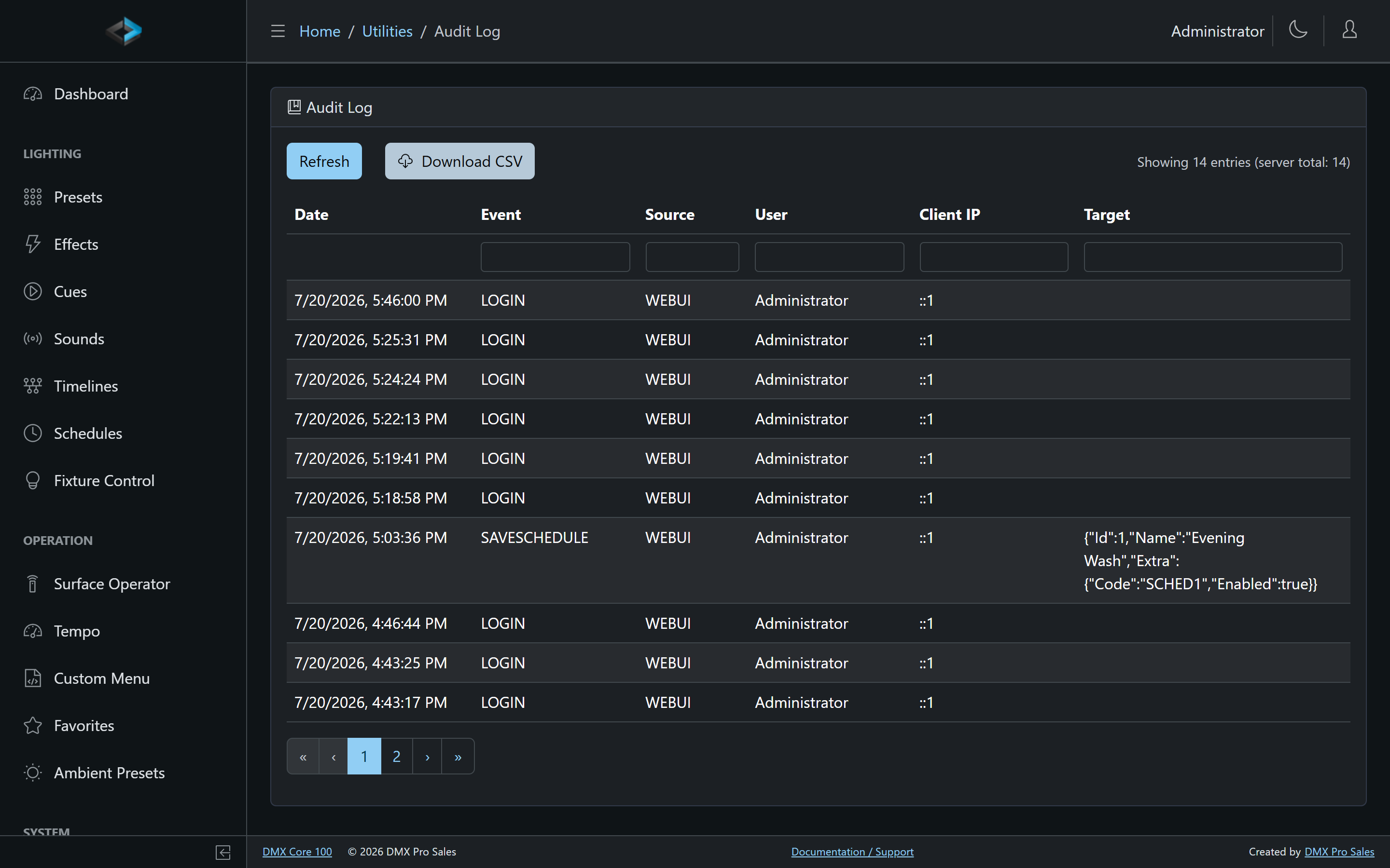 Audit log in the Web UI