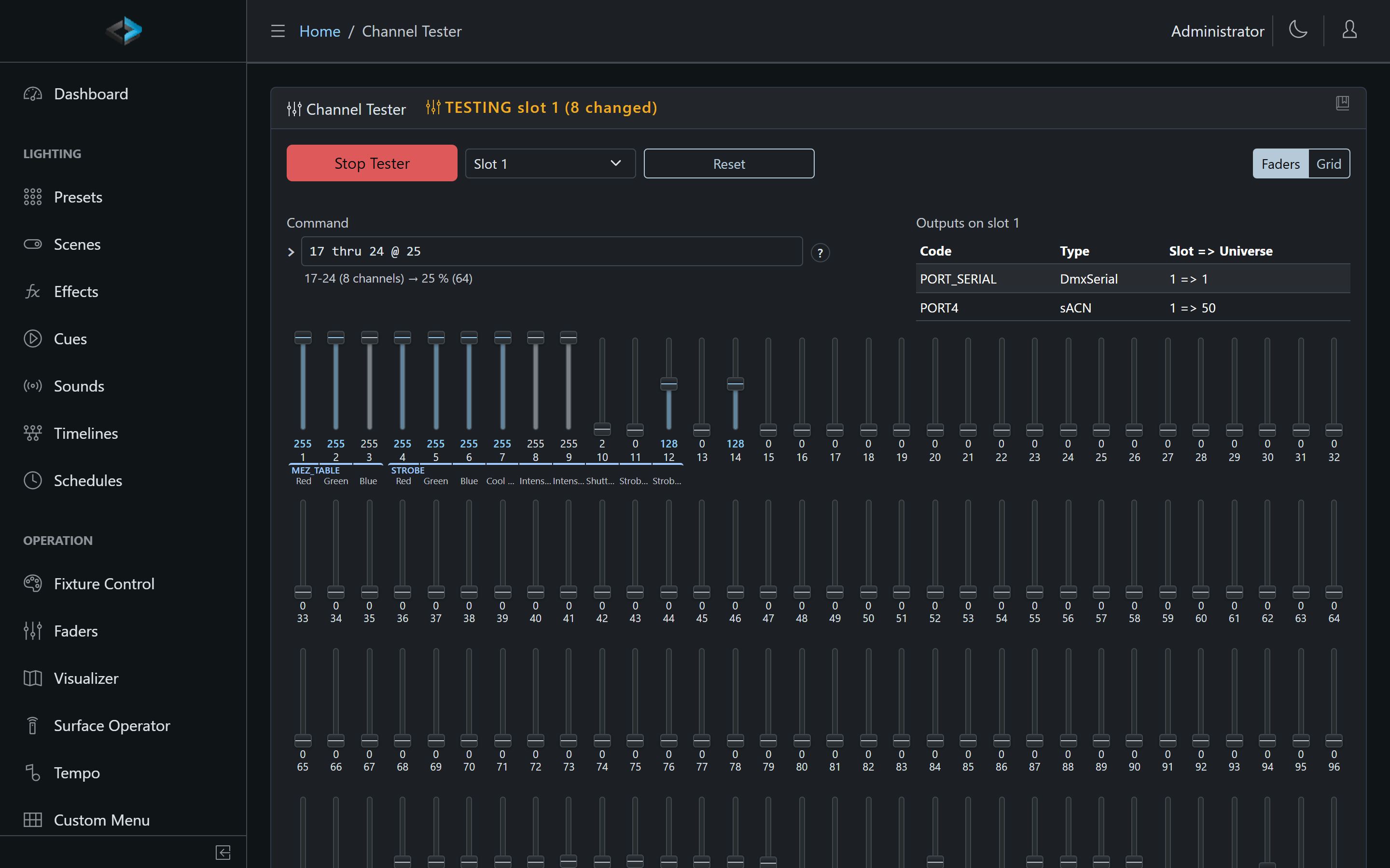 Channel Tester with slot 1 selected, channels 1-8 at full and a command being typed