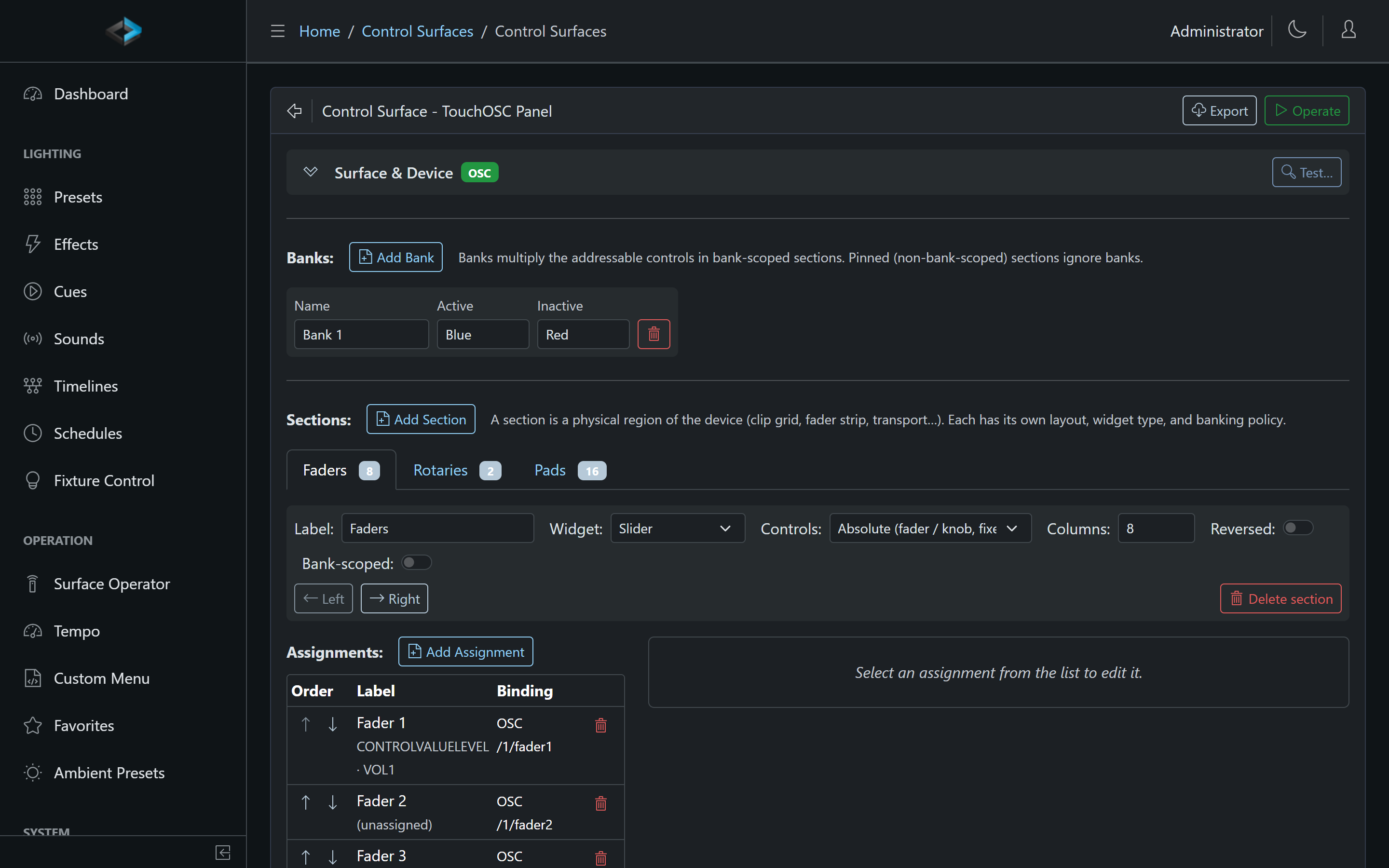 Control surface editor with banks, sections, and the assignment grid