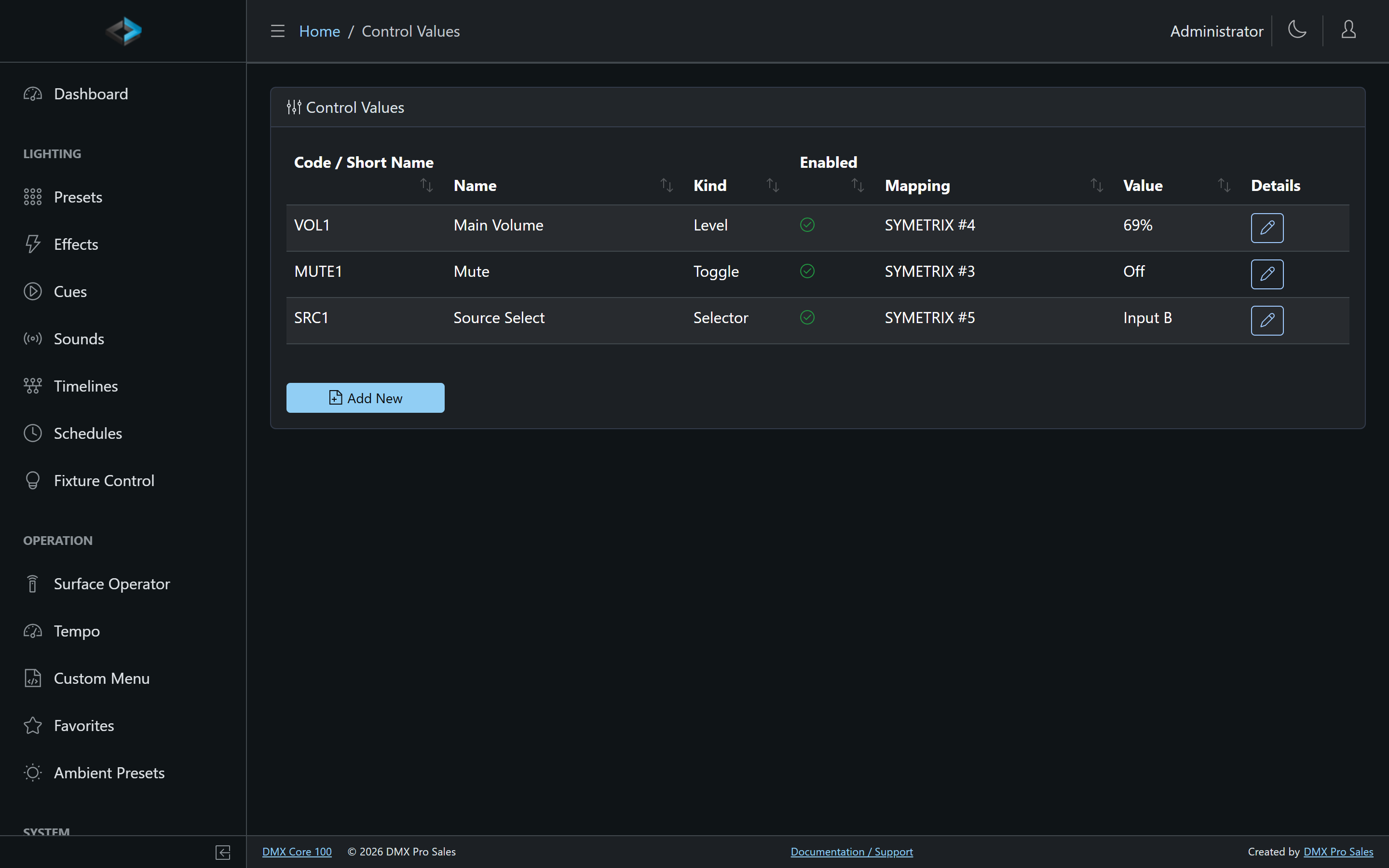 Control Values list with live Symetrix status
