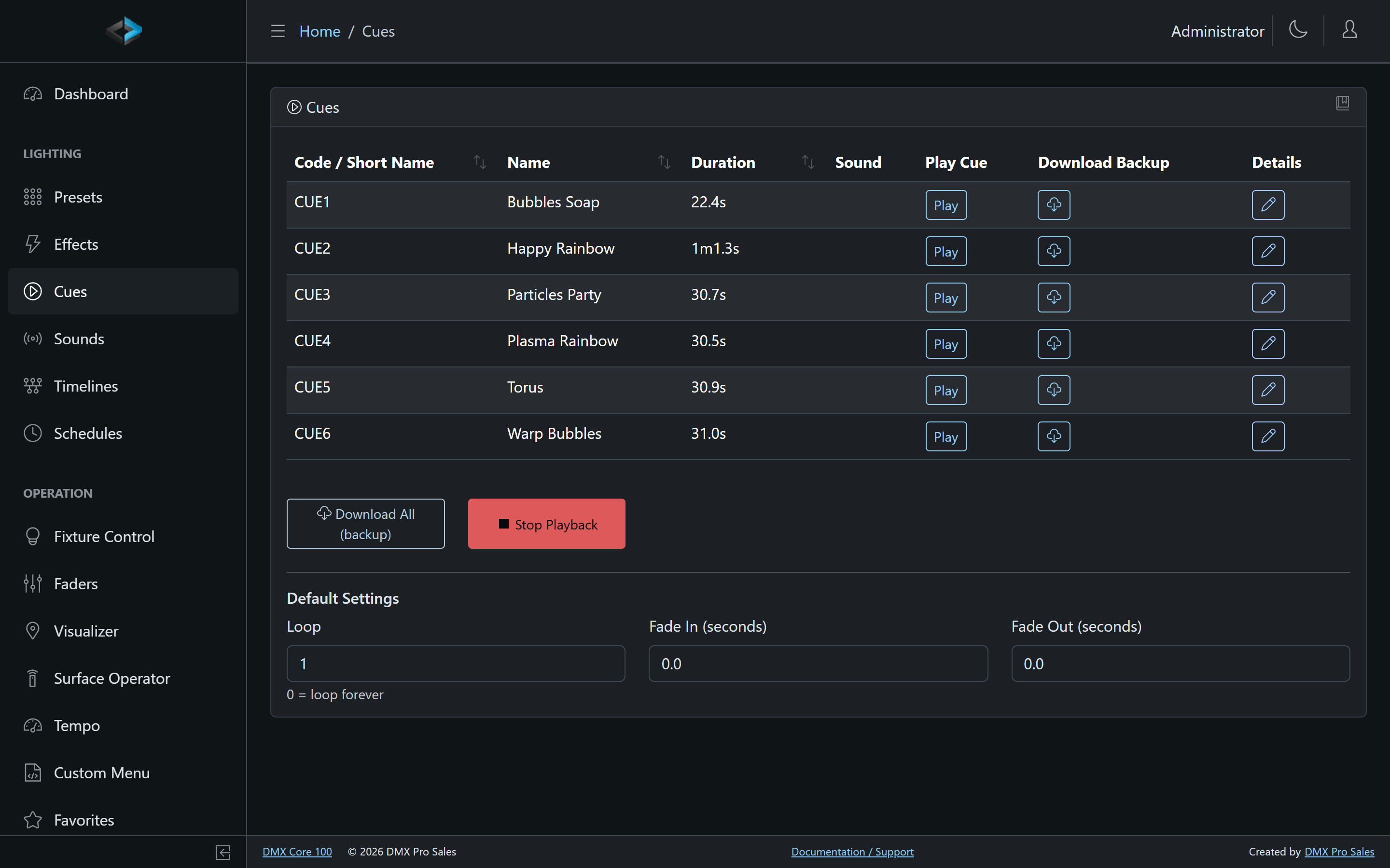 Cues list Default Settings — Loop, Fade In, and Fade Out