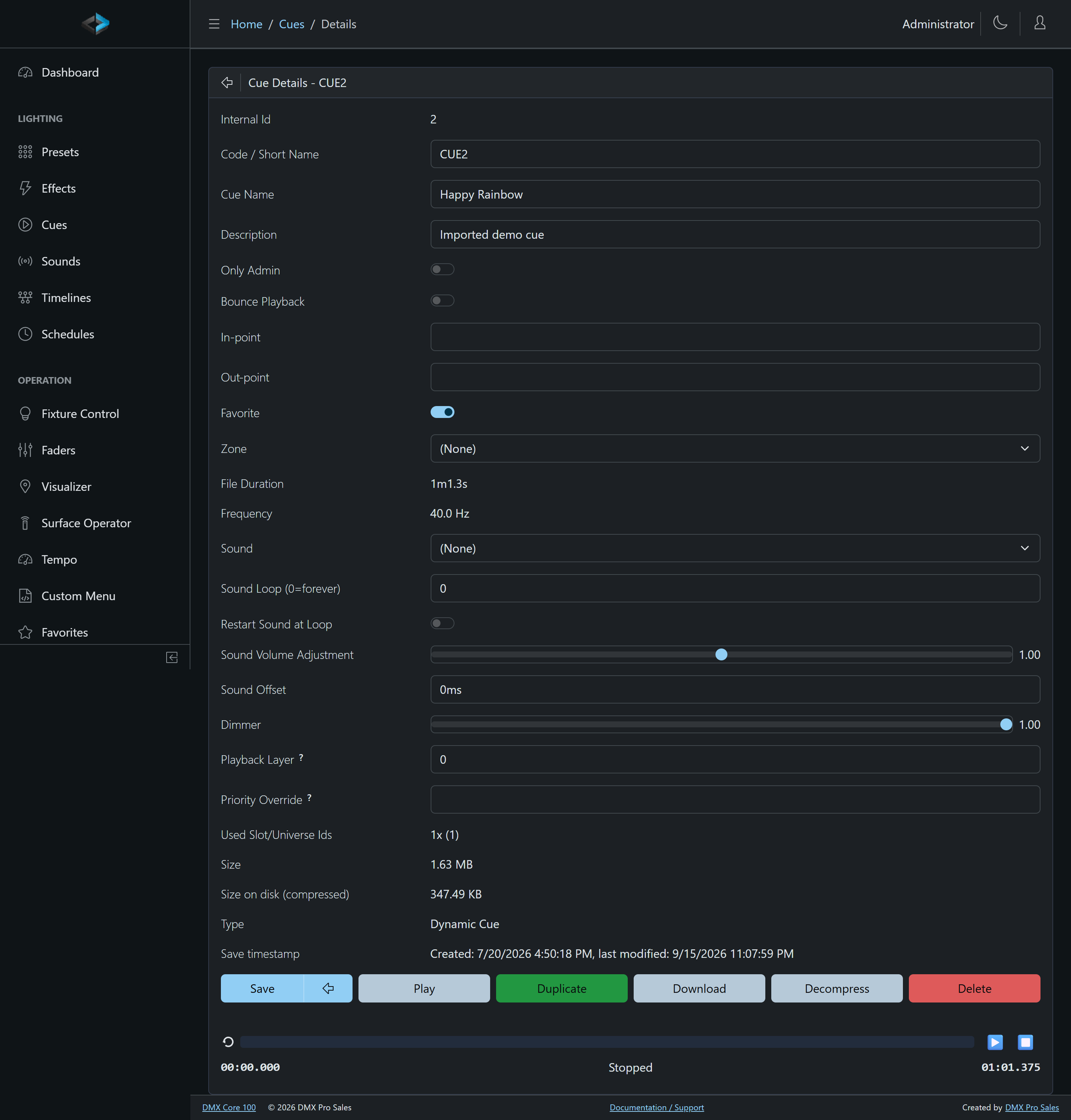Cue details in the Web UI, including Priority Override