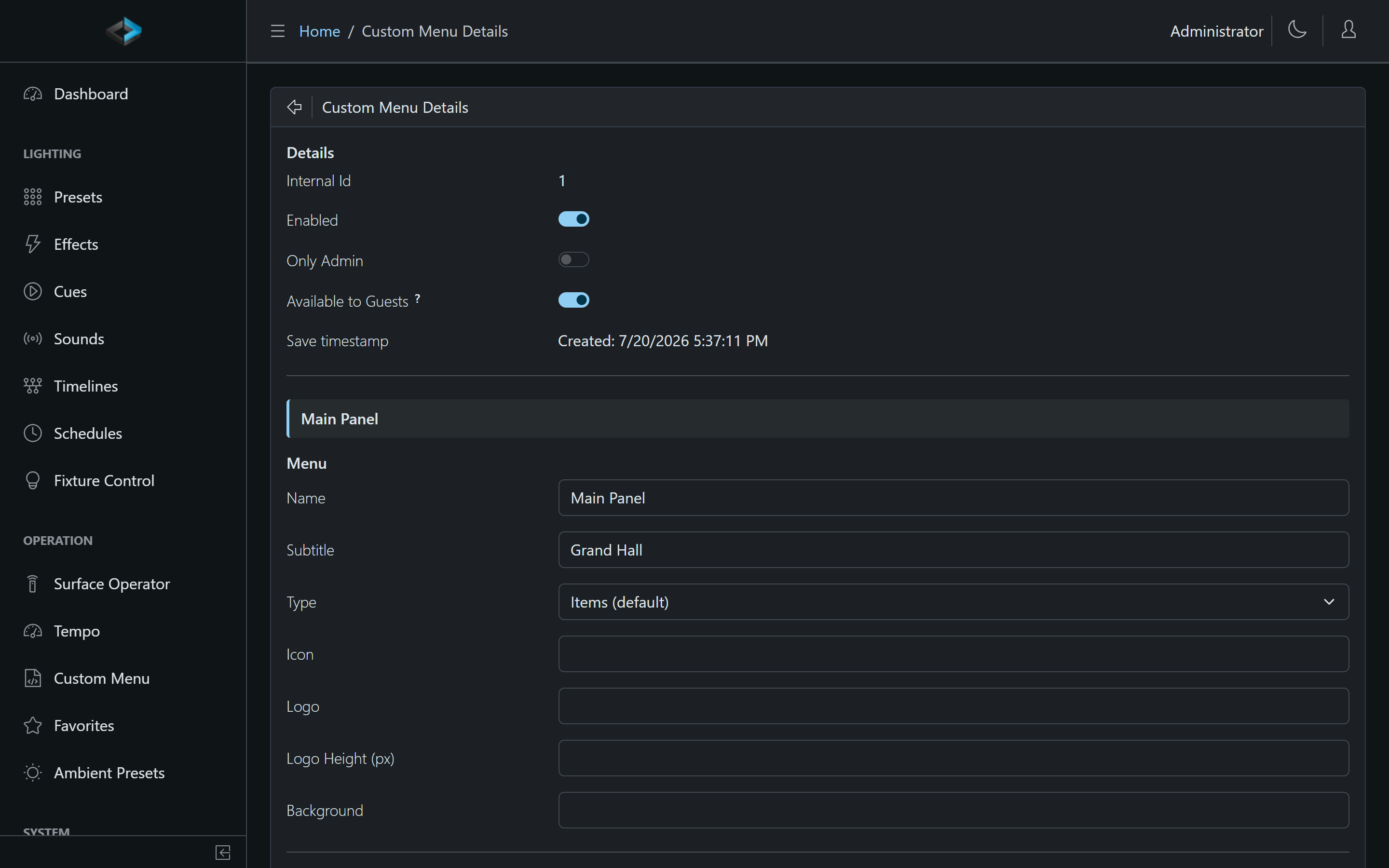 Custom menu editor — item list and item properties