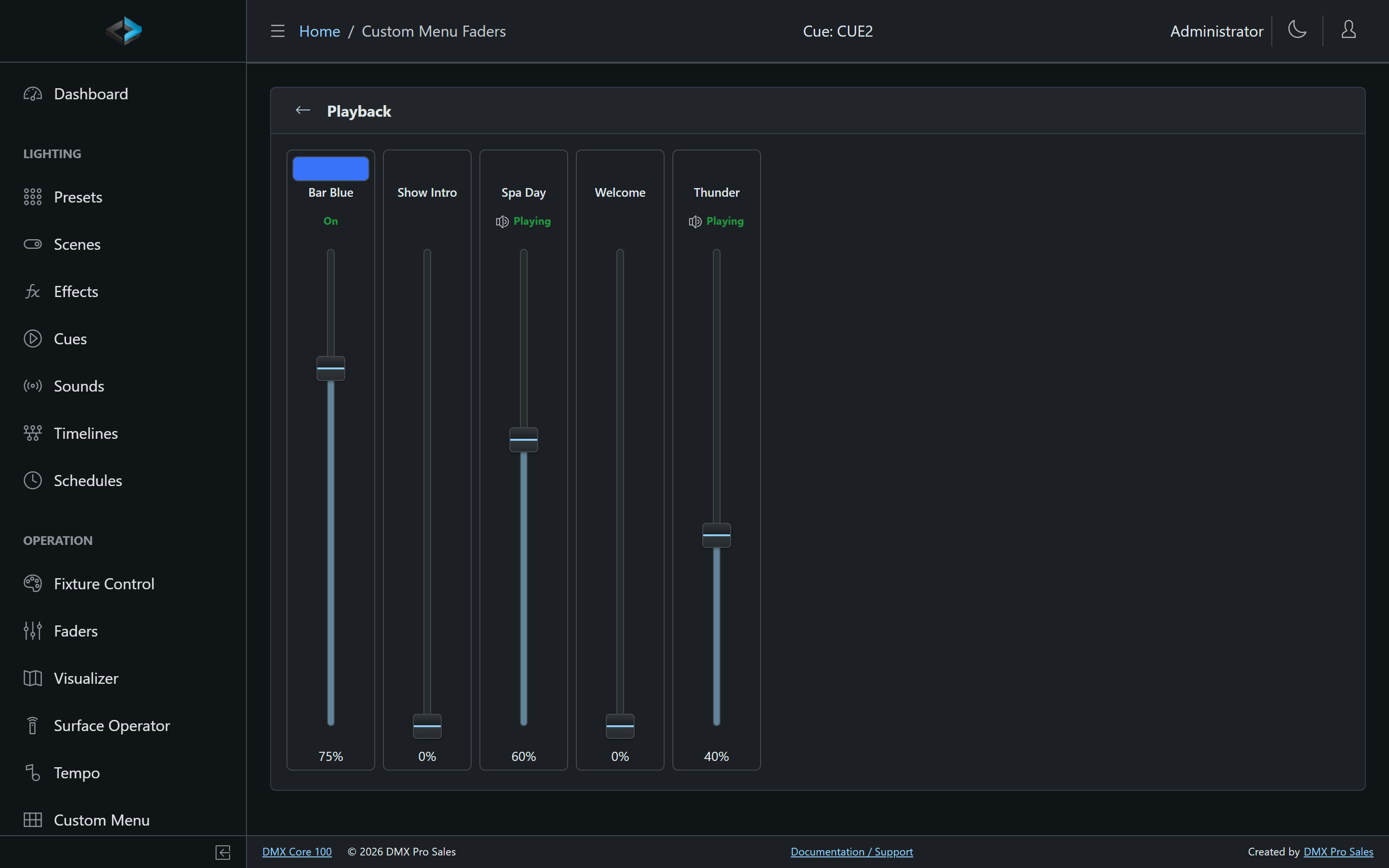 Preset, cue and sound faders in the Web UI