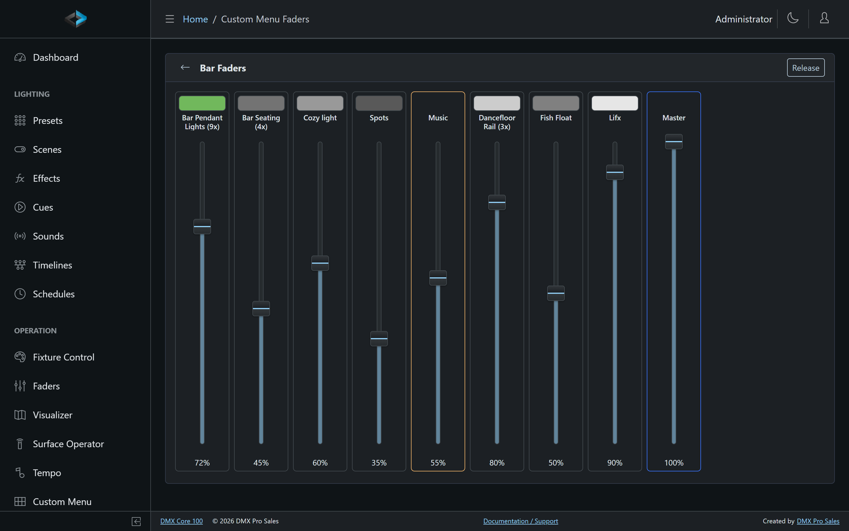 A Faders page in the Web UI
