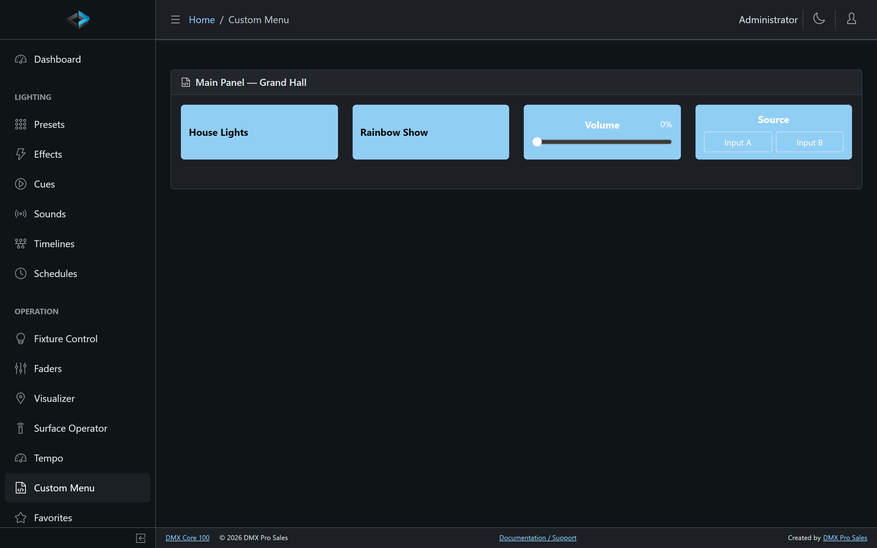 Operating a custom menu in the Web UI — actions, volume slider, and source picker