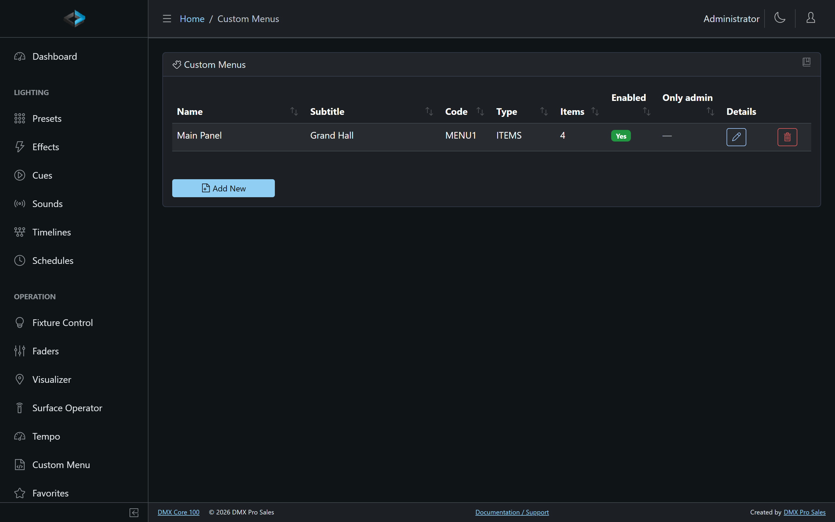 Custom Menus list in the Web UI