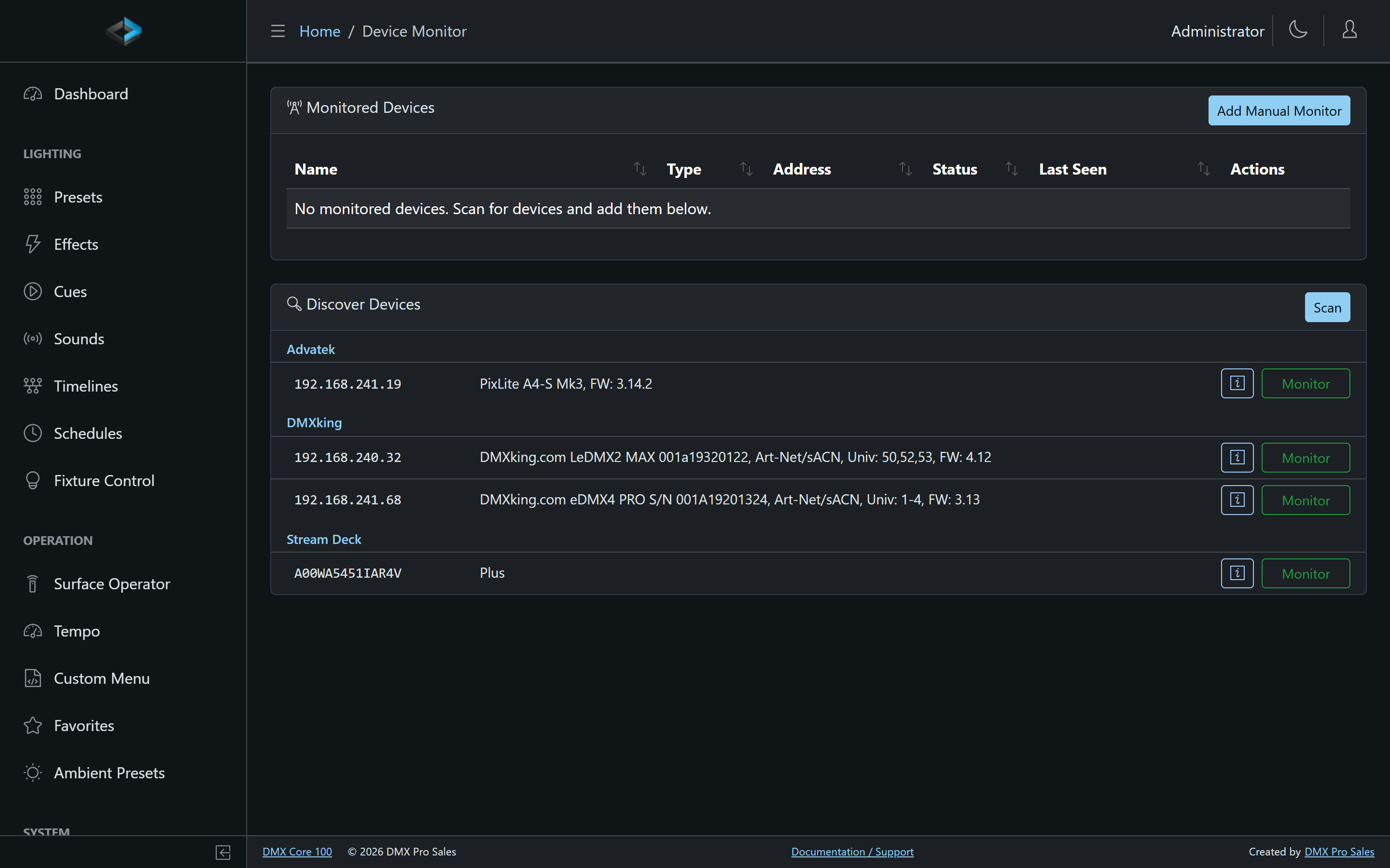 Device Monitor with discovered Advatek, DMXking, and Stream Deck devices