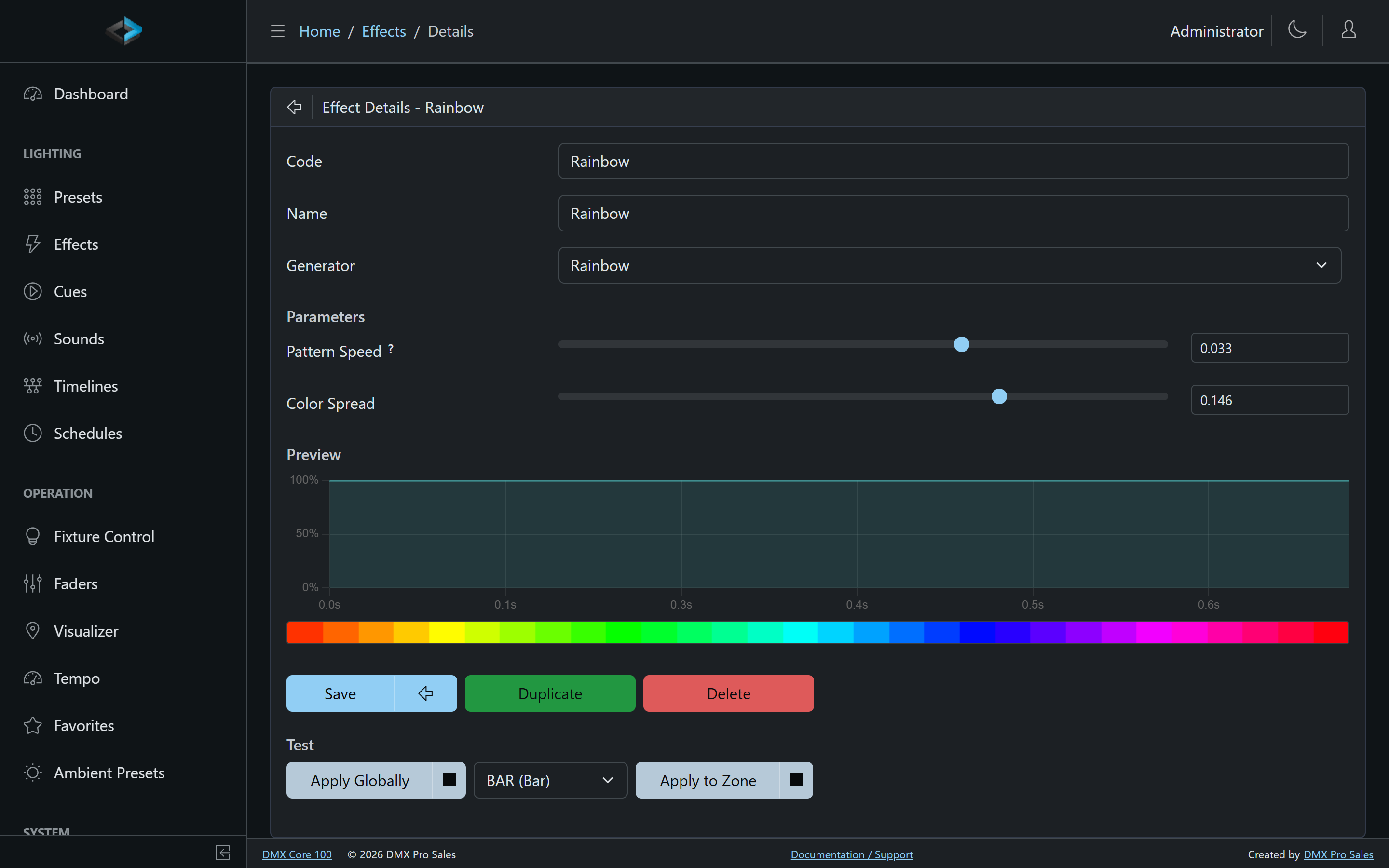 Effect editor — generator, parameters, and preview