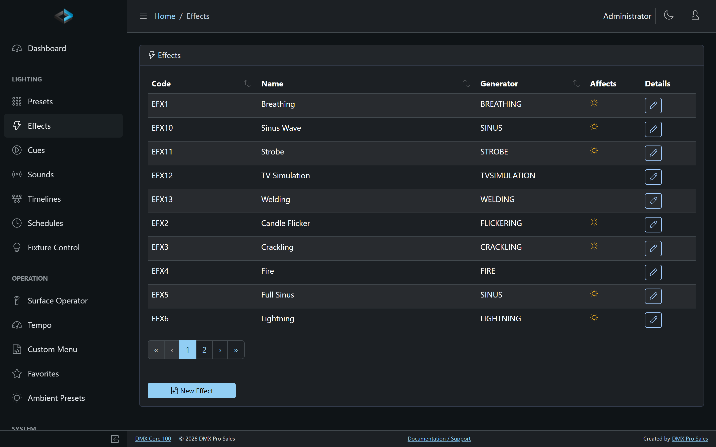 Effects list showing each generator