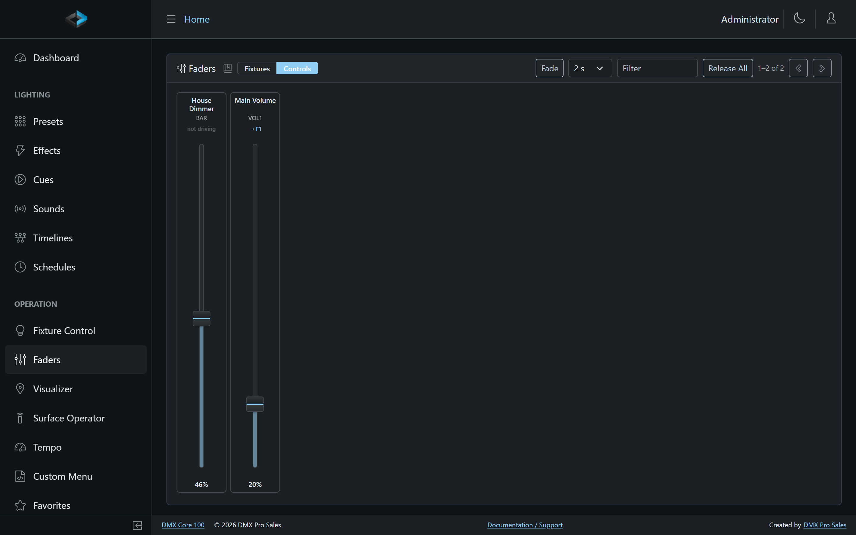 Faders page — Controls
