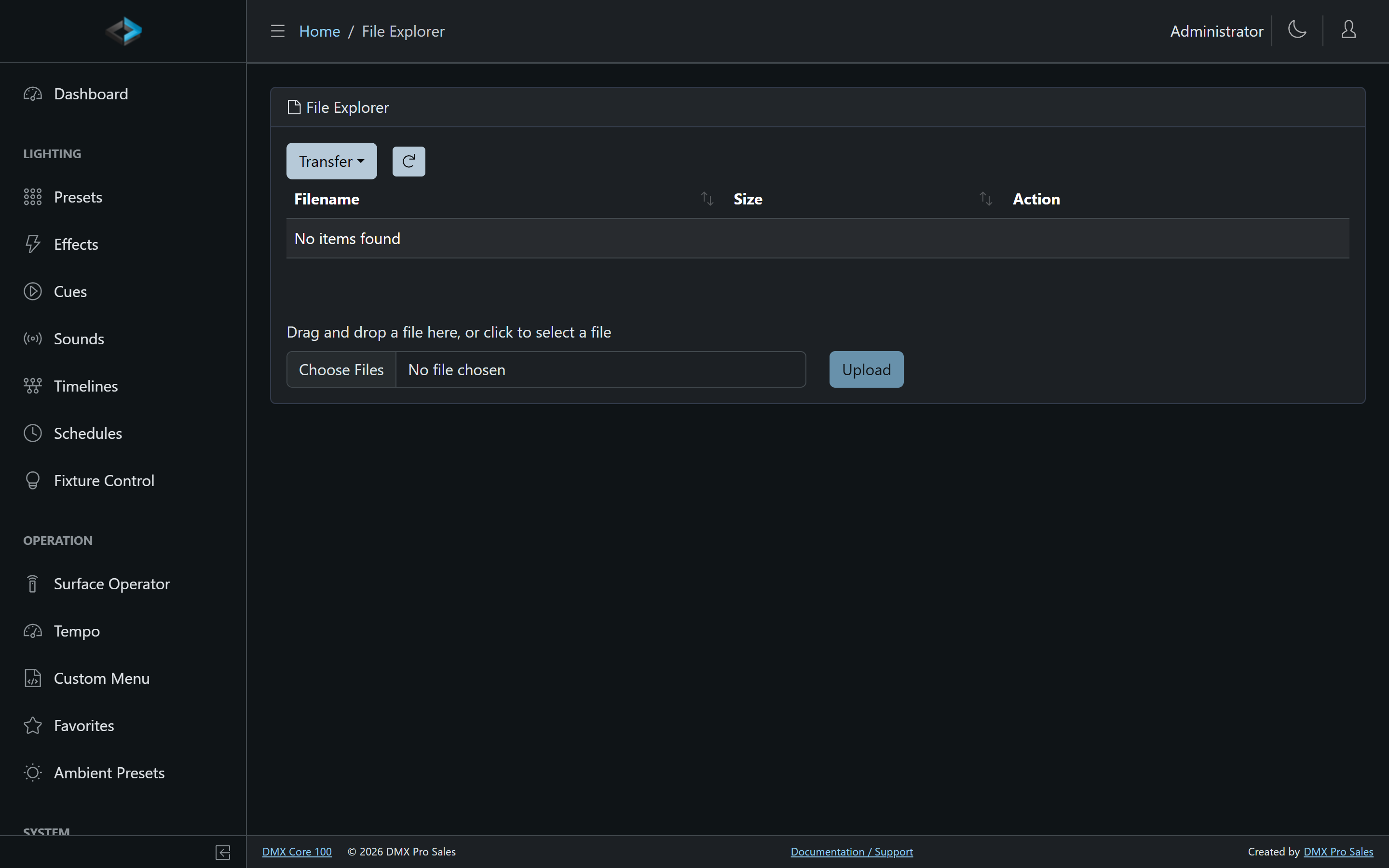 File Explorer — where fixture profiles are uploaded and imported