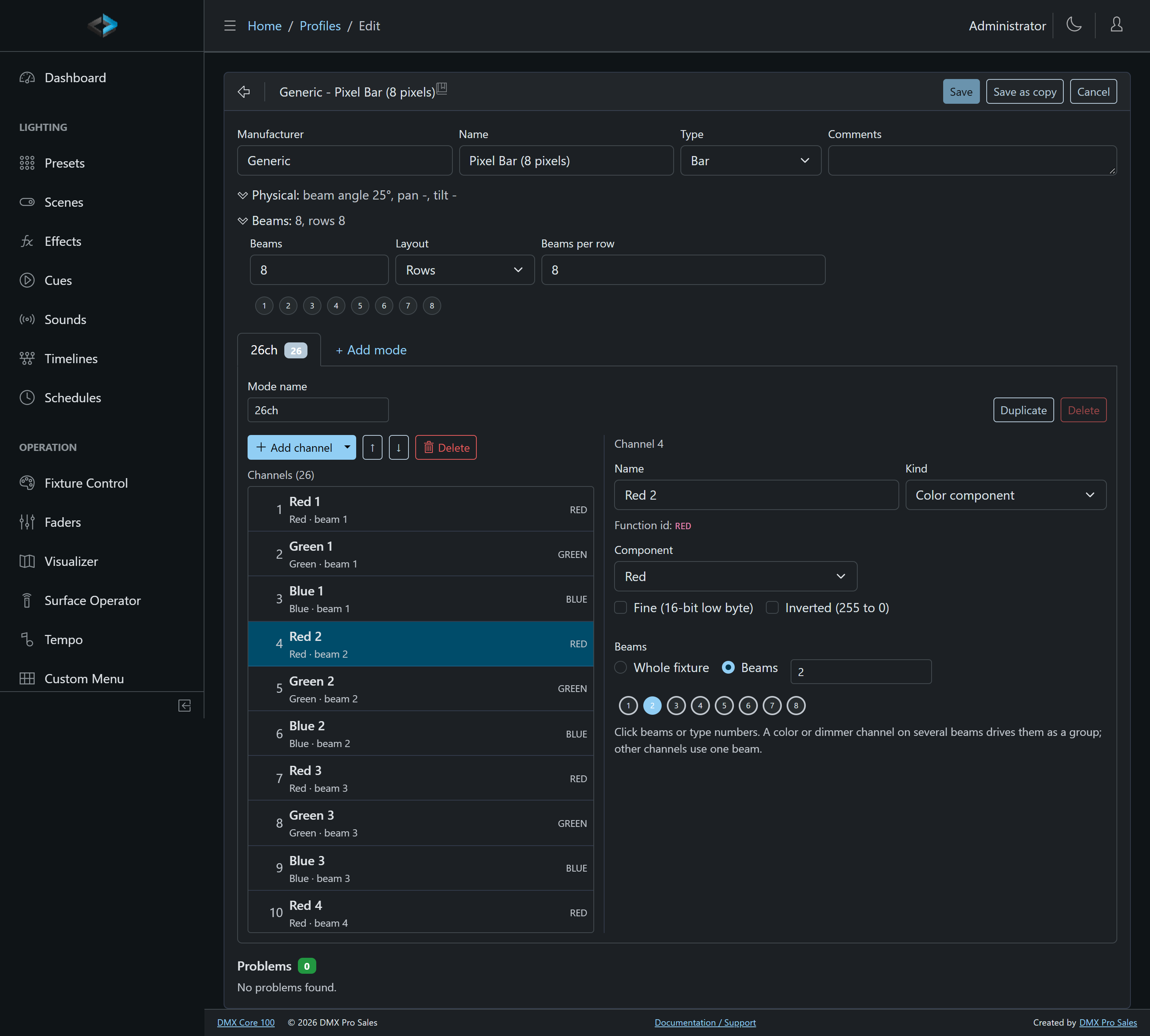 Profile editor - modes as tabs, the channel list on the left, the selected channel on the right