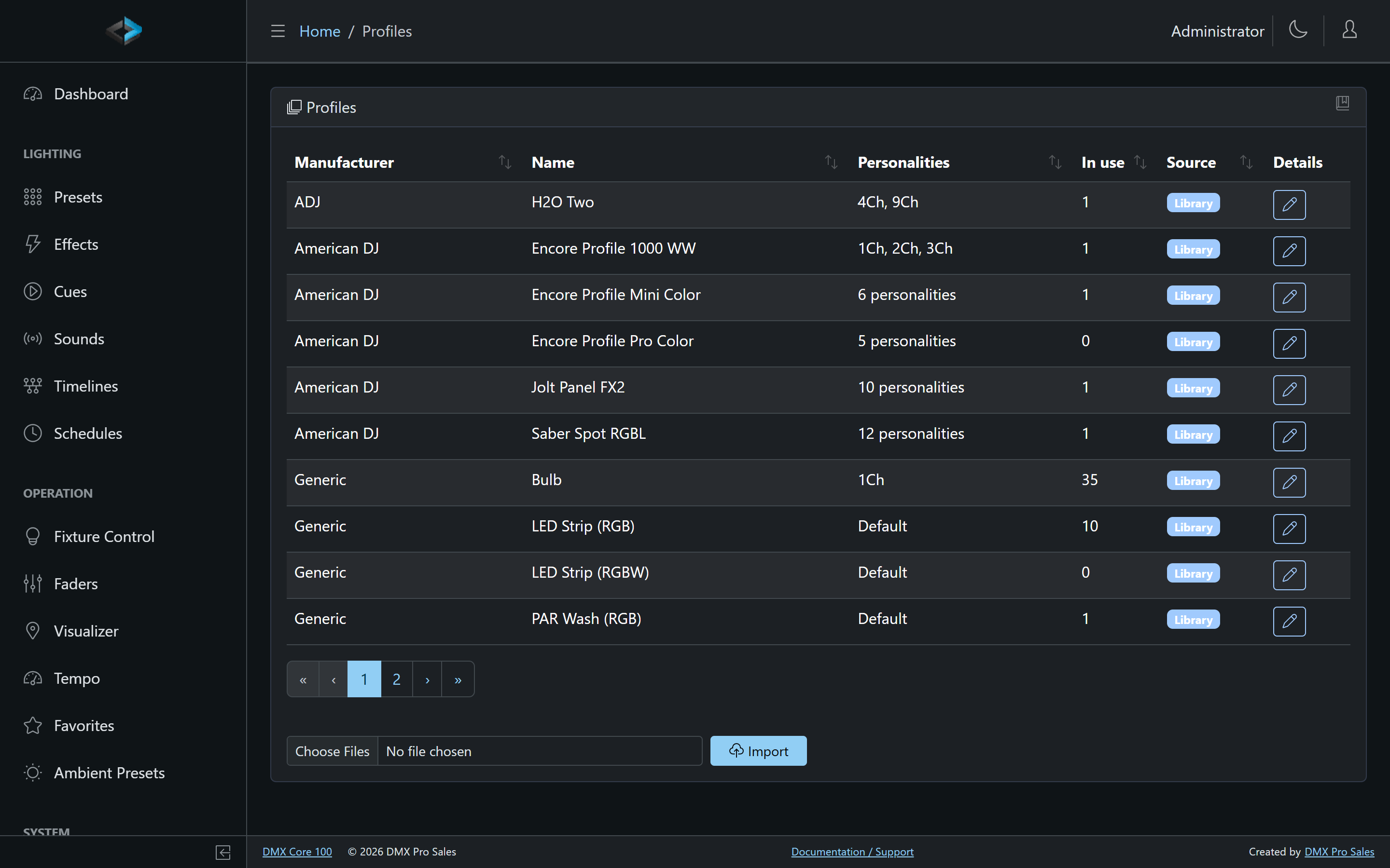 Profiles — import, inspect, and delete fixture profiles