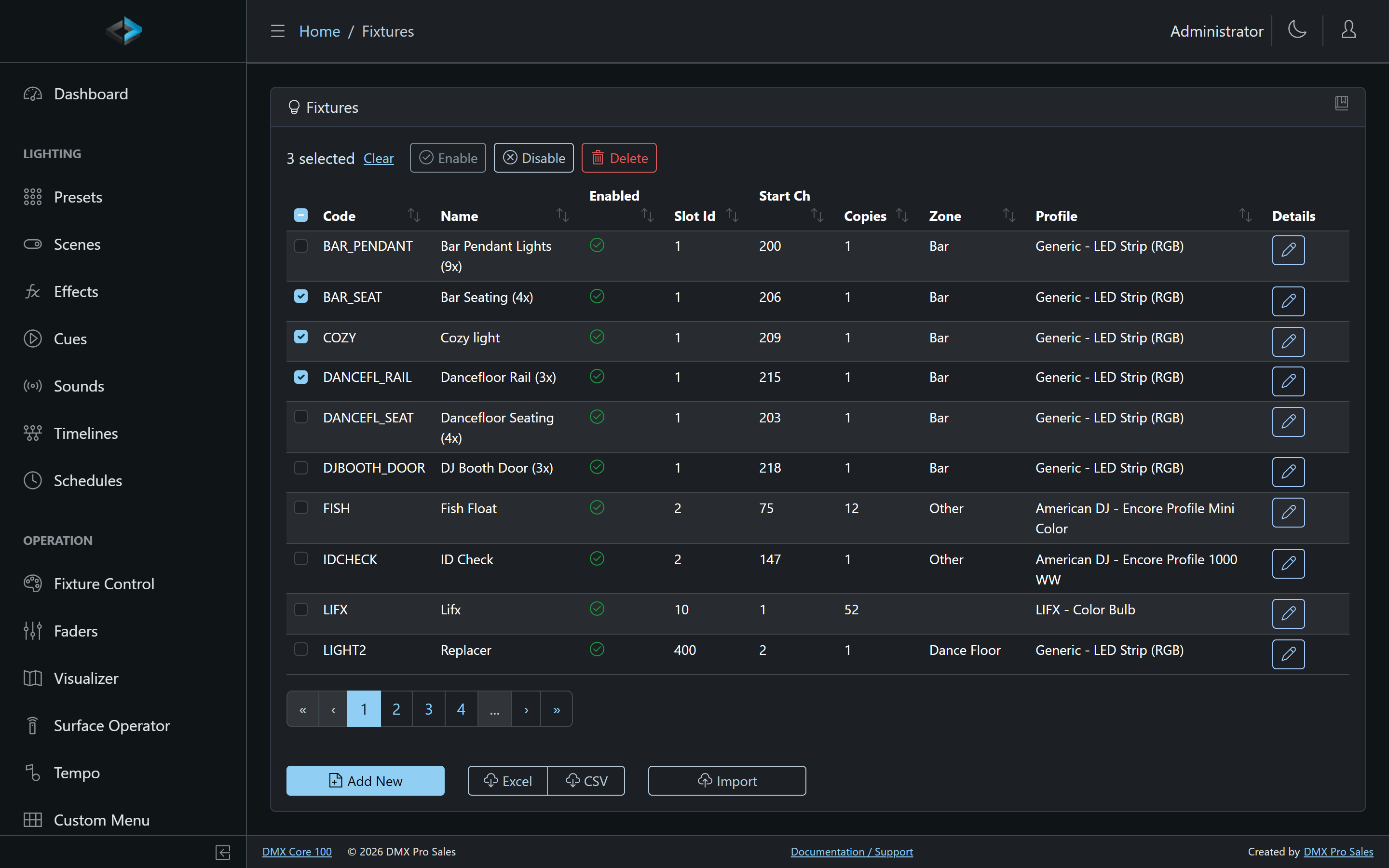 Fixtures list with three fixtures selected and the Enable, Disable and Delete buttons