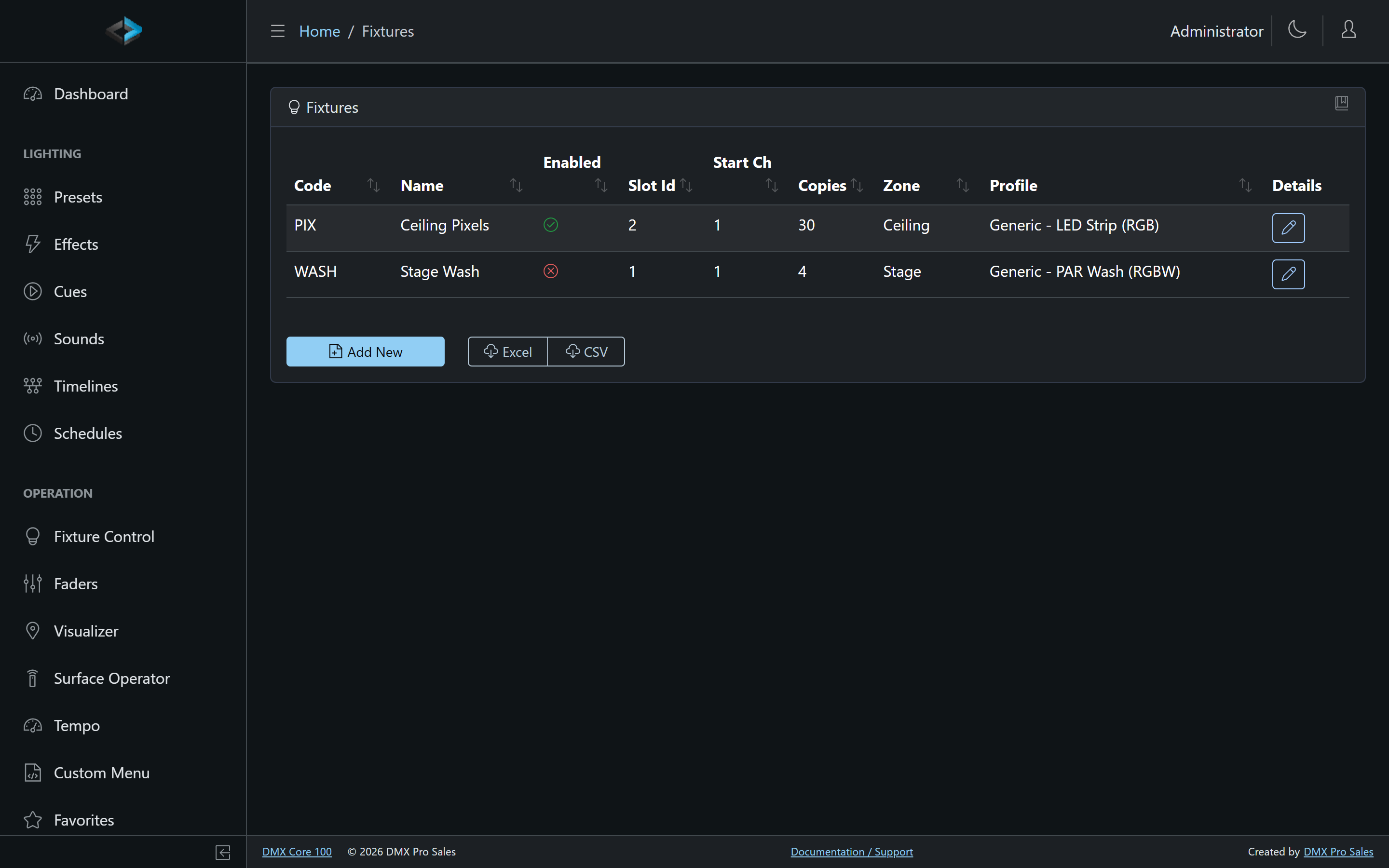 Fixtures list in the Web UI