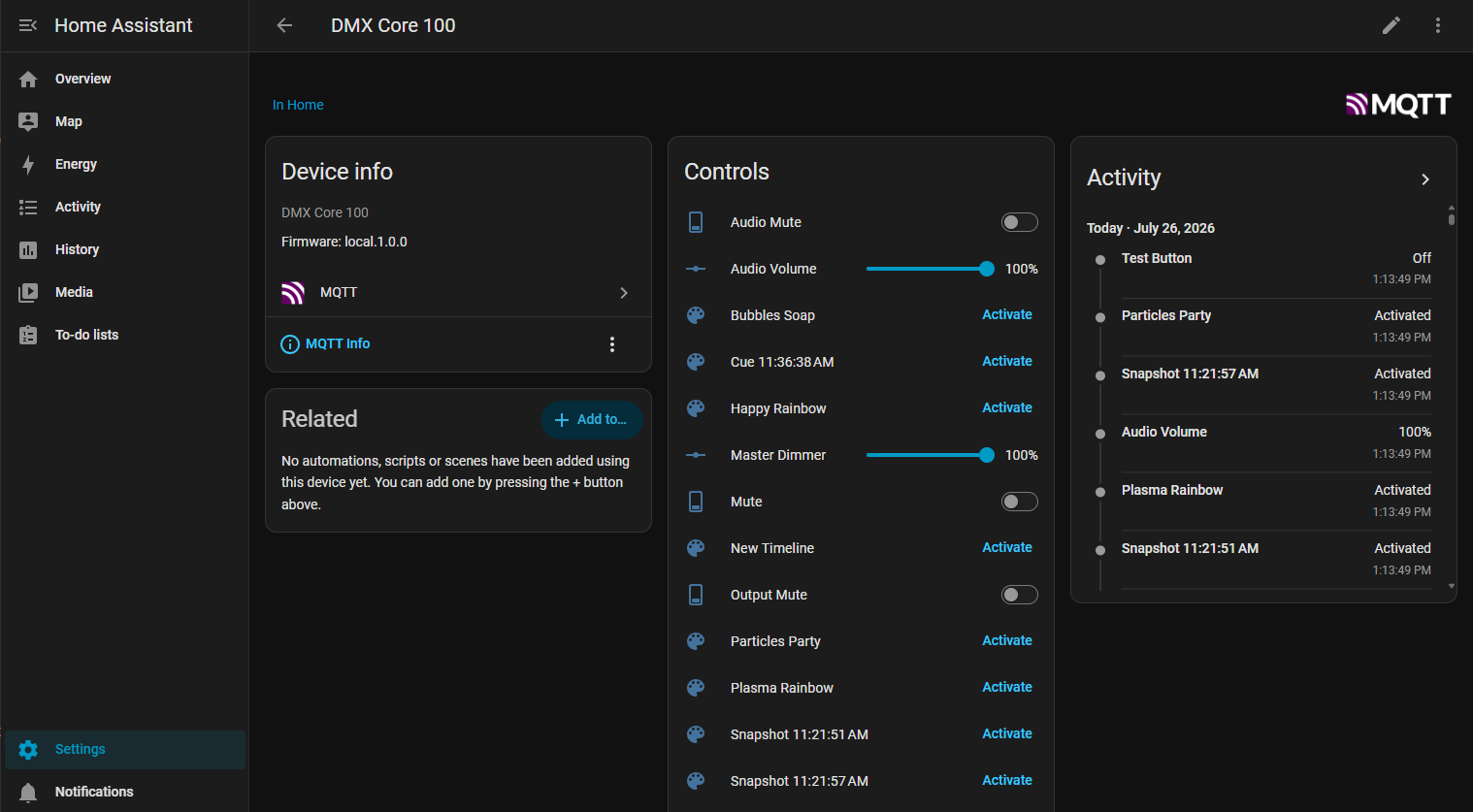 The DMX Core 100 device in Home Assistant