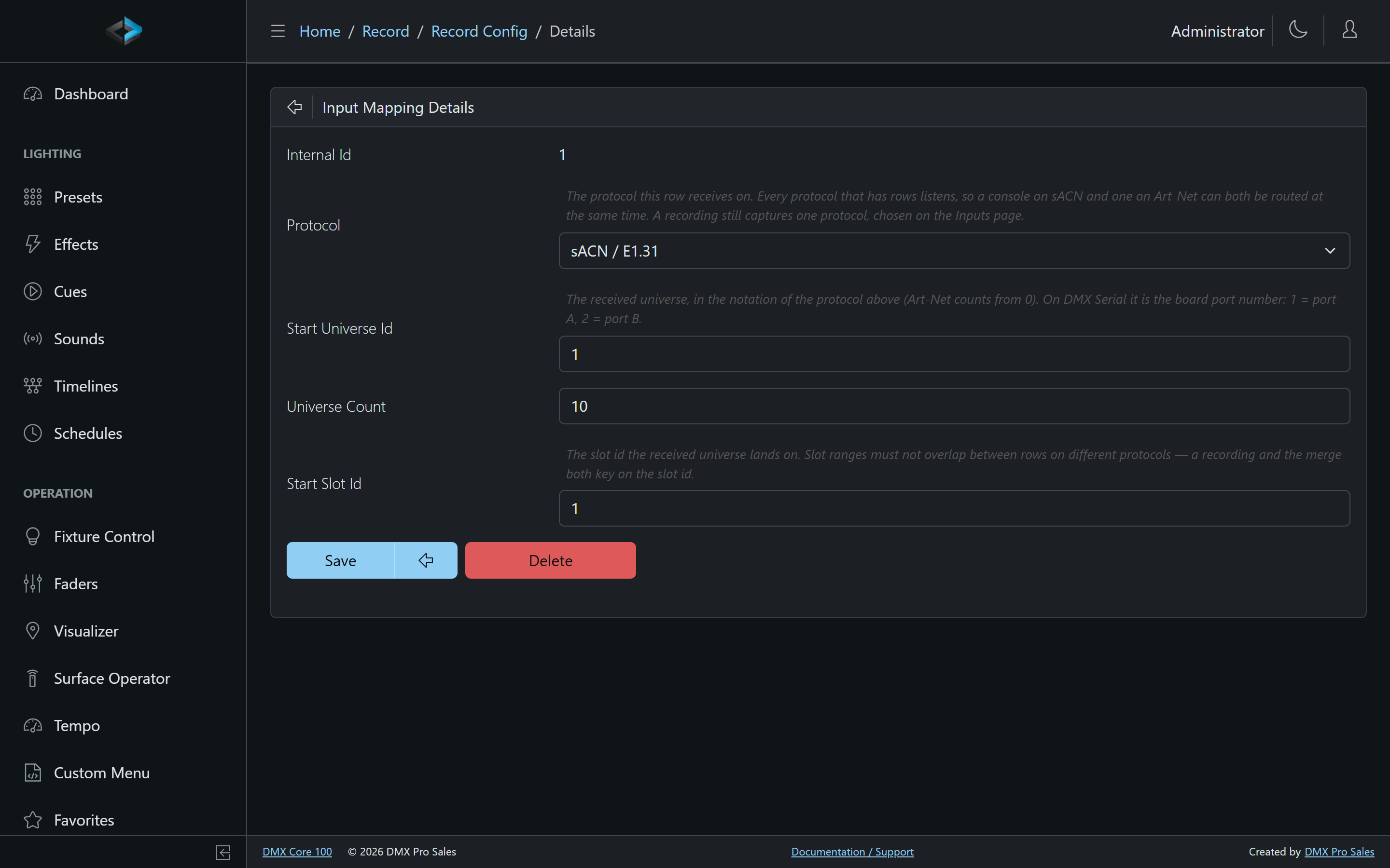 Input Mapping Details — protocol, start universe, and start slot