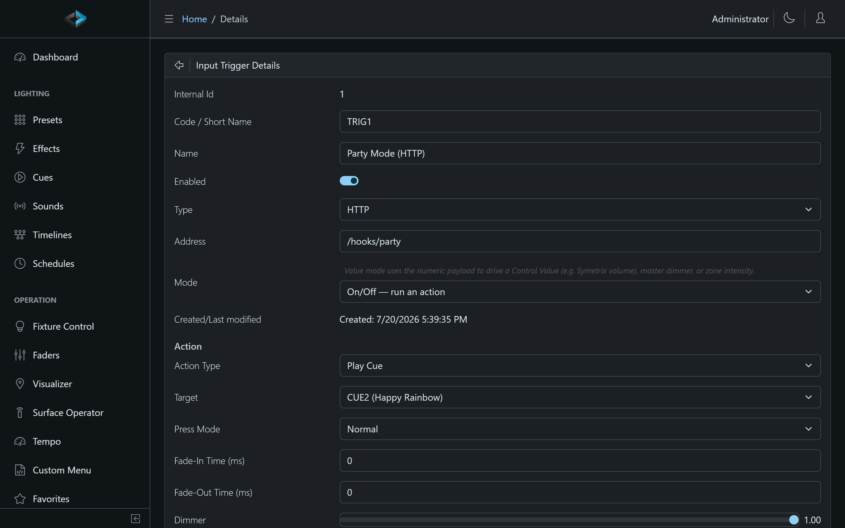 Input trigger editor — HTTP path, action, and Play Cue target