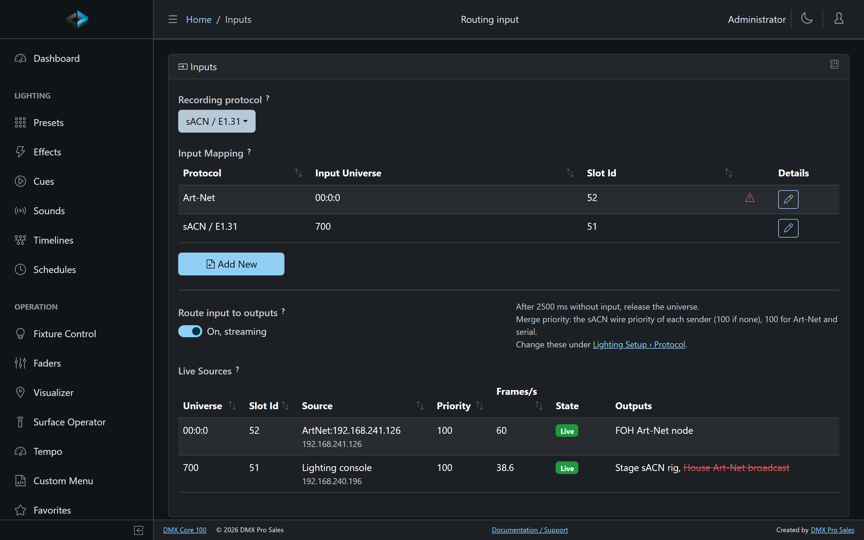 Inputs page with an sACN console and an Art-Net console routed at the same time