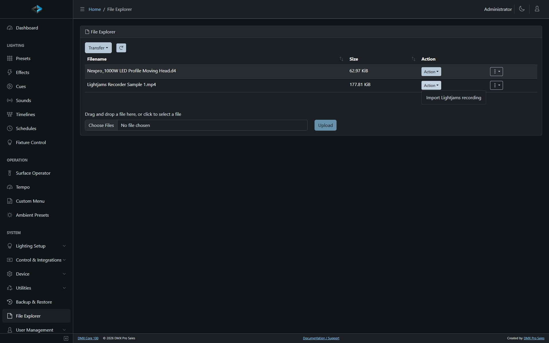 File Explorer with the Import Lightjams recording action
