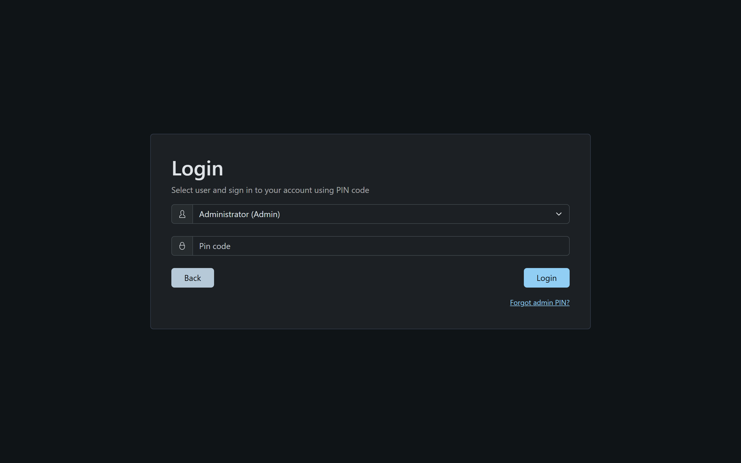 Web UI login — pick a user and enter the PIN
