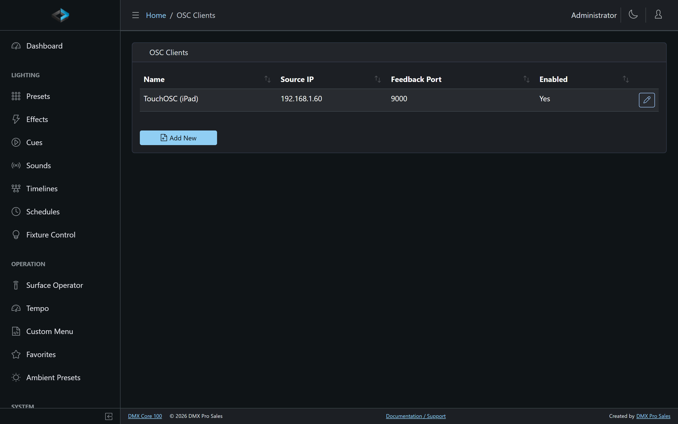 OSC Clients list with source IP and feedback port