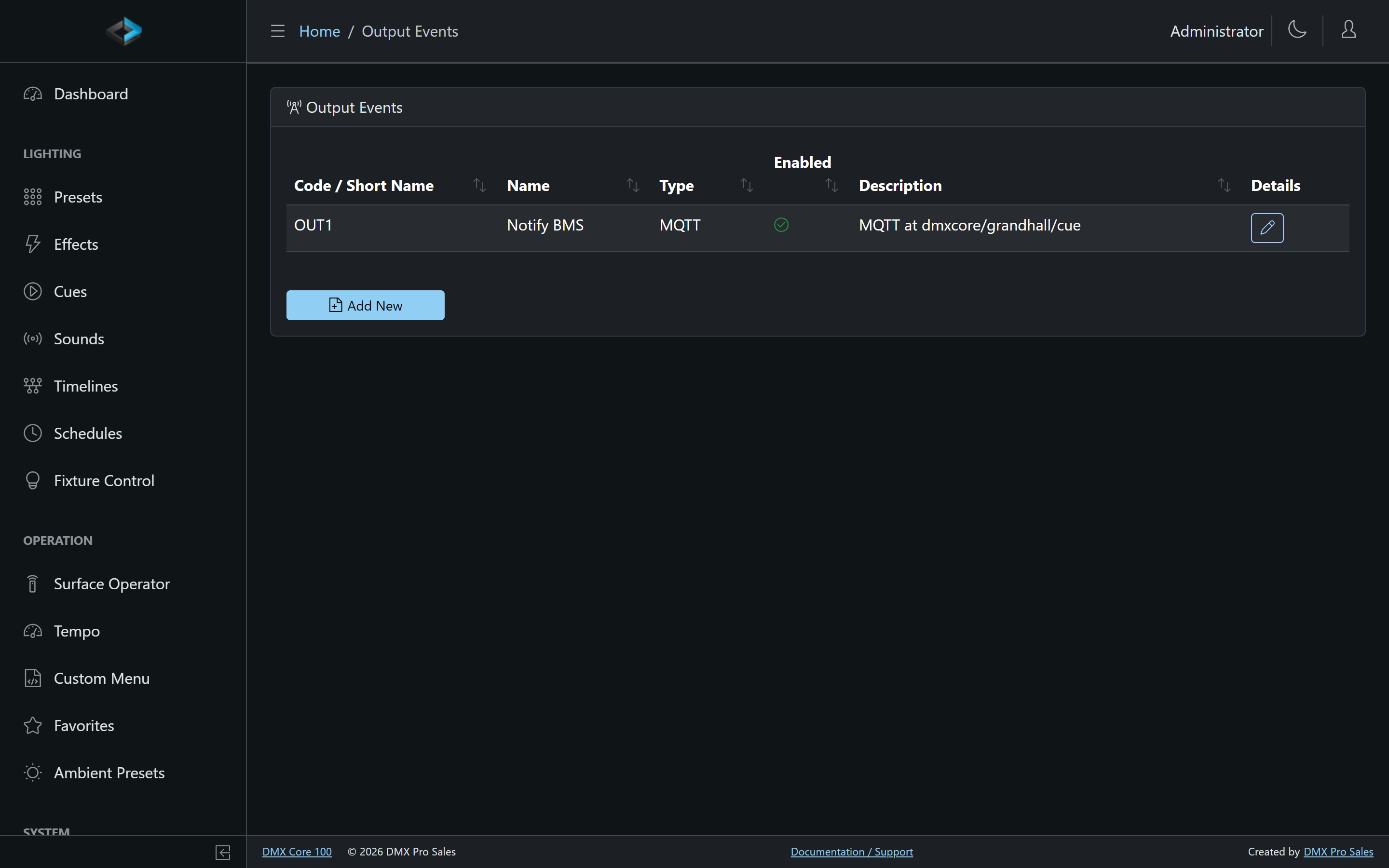 Output events list