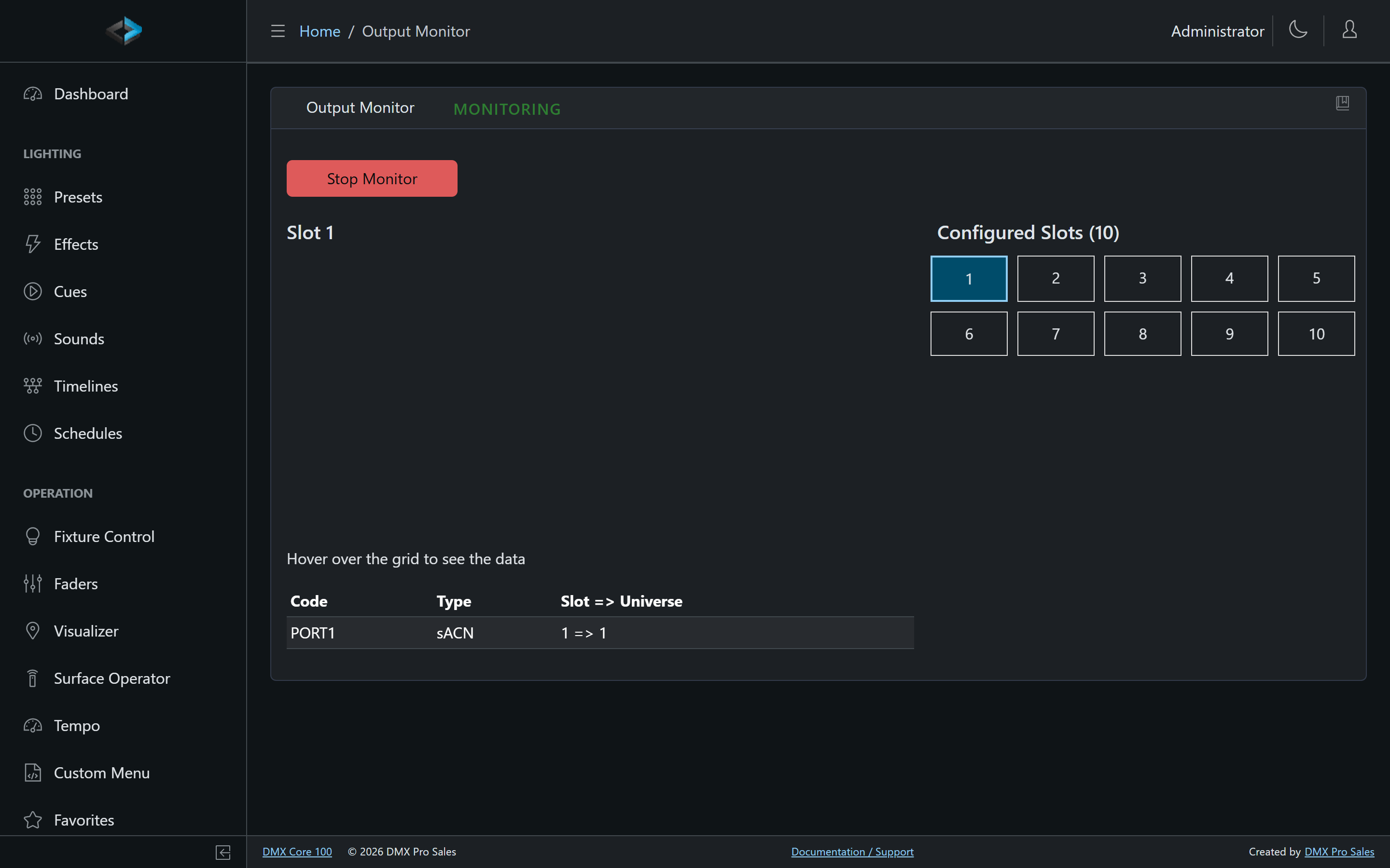 Output Monitor with a slot selected and the output mapping table